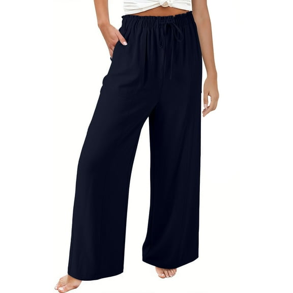 Plebaso Womens Wide Leg Summer Pants Elastic Waist Drawstring Palazzo Loose Casual Trousers with Pockets
