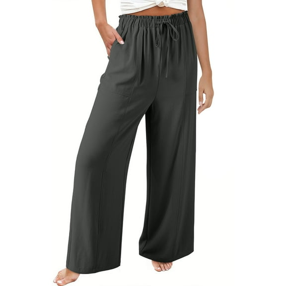 Plebaso Womens Wide Leg Summer Pants Elastic Waist Drawstring Palazzo Loose Casual Trousers with Pockets