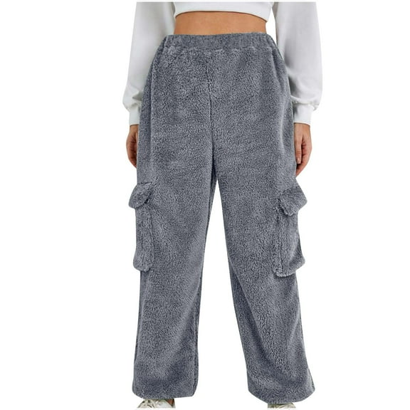 Plebaso Womens Winter Warm Fleece Legging Elastic Waist Solid Color Pajama Pants Ladies Casual Home Trousers With Pockets