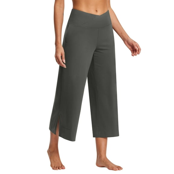 Plebaso Womens Yoga Capri Pants with Side Split Crossover Workout Pants Wide Leg Stretch Lounge Pants