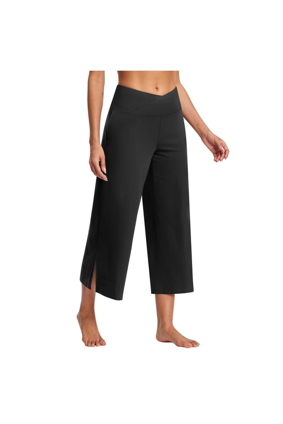 Womens Yoga Capri Pants with Side Split Crossover Workout Pants Wide Leg Stretch Lounge Pants