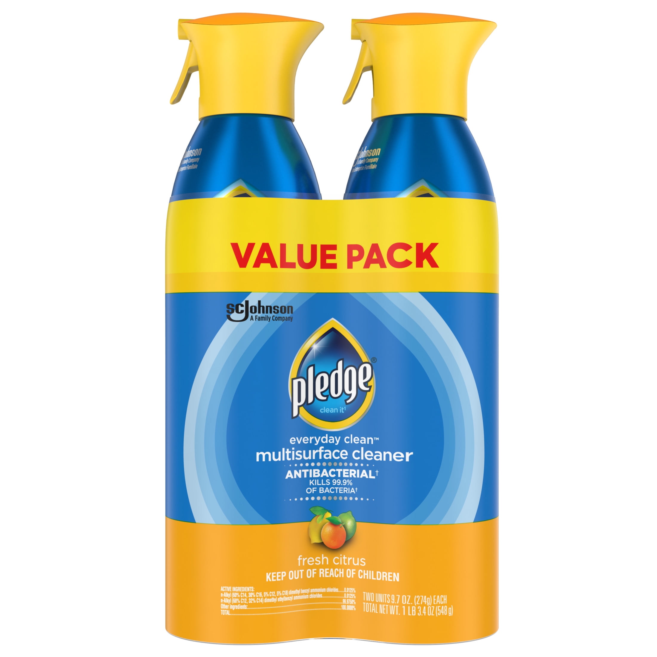 Pledge Antiba Counterial Multi Surface Cleaner Spray, Fresh Citrus - Household Antiba Counterial Spray (2 Pack Aerosol), 9.7 oz