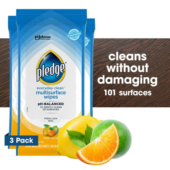 Pledge Everyday Clean Multisurface Wipes, Fresh Citrus, 25 Wipes, 3 Count Pack (75 Wipes Total)