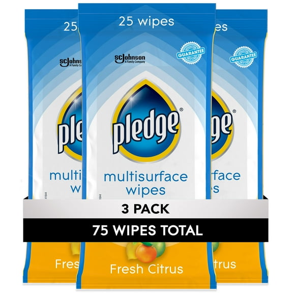 Pledge Everyday Clean Multi Surface Wipes, Fresh Citrus, 25 Wipes, 3 Count Pack (75 Wipes Total)
