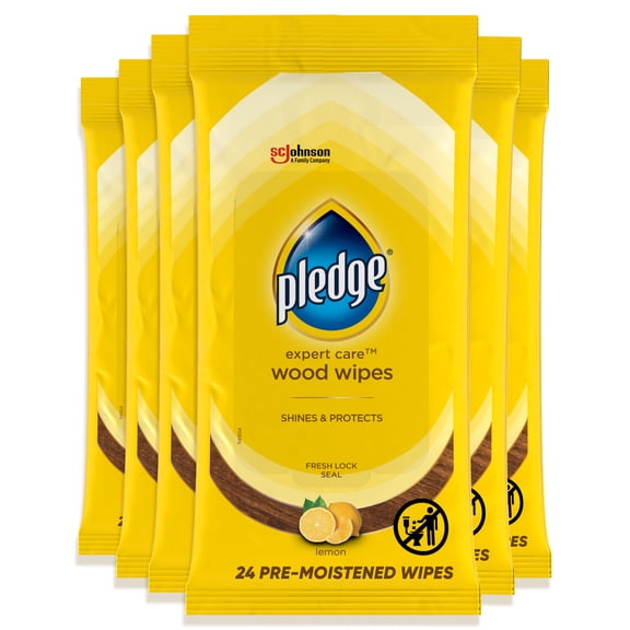 Pledge Expert Care Wood Wipes, Shines and Protects, Removes Fingerprints, Lemon Scent, 24 Count (Pack of 6)