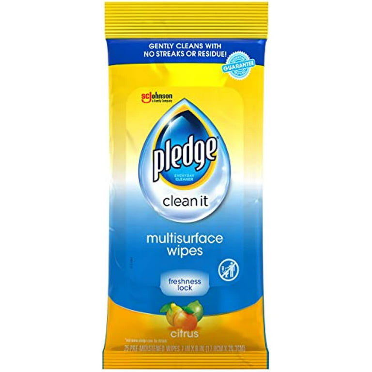 Pledge Multi-Surface Furniture Polish Wipes, Works on Wood, Granite, and Leather, Cleans and Protects, Fresh Citrus - Pack of 4 100 Total Wipes