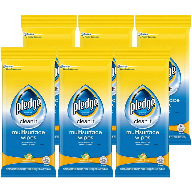 Pledge Multi-Surface Furniture Polish Wipes, Works on Wood, Granite, and Leather, Cleans and Protects, Fresh Citrus - Pack of 4 (100 Total Wipes)