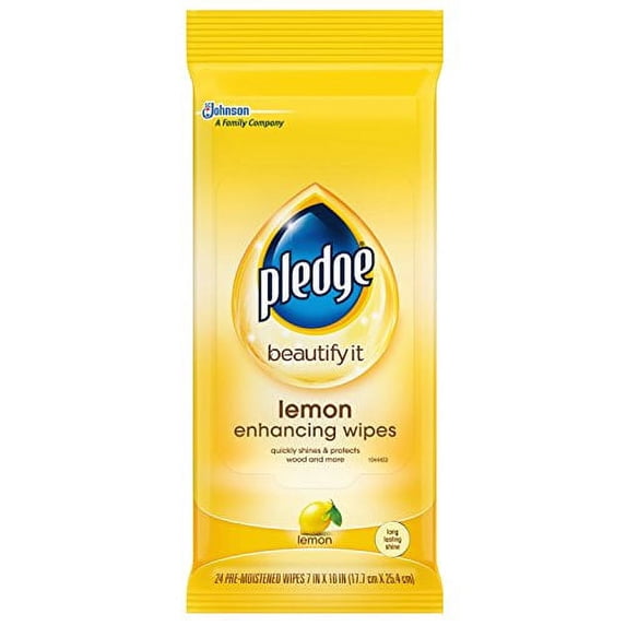Pledge Multi-Surface Furniture Polish Wipes, Works on Wood, Granite, and Leather, Cleans and Protects, Lemon, Pack Of 2 - (48 Total Wipes)
