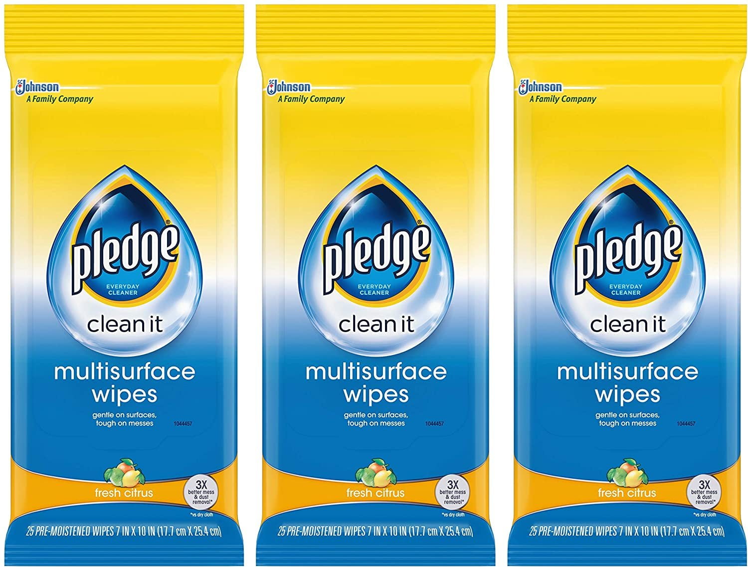 Pledge Multipurpose Wipes, Fresh Citrus, 25 Wipes Per Pack, 3 Packs