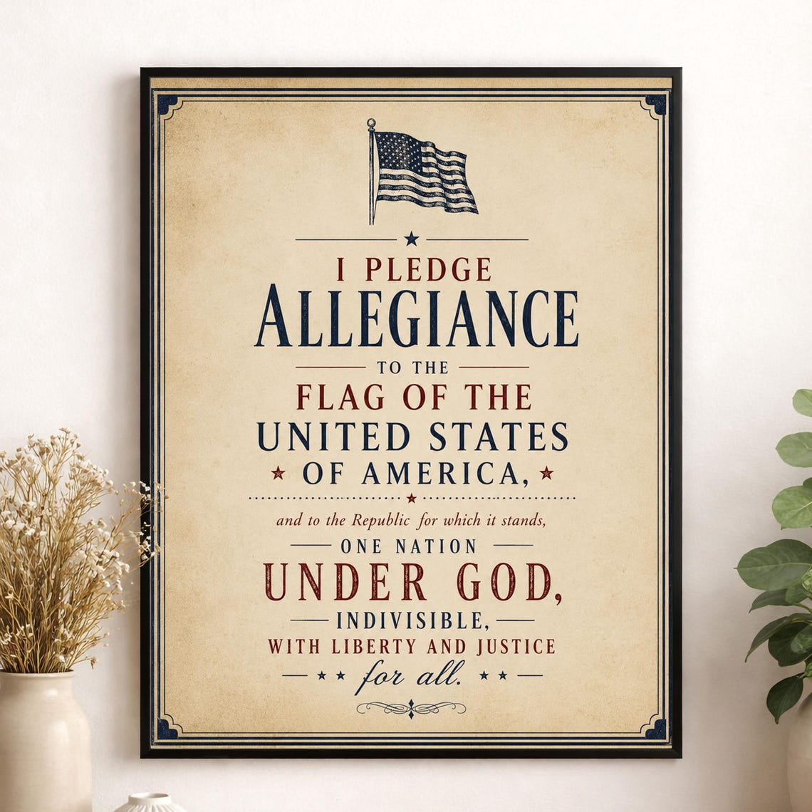 Students Reciting Pledge Pledge Of Allegiance Wall Art Print, Vintage Americana Typography For ...