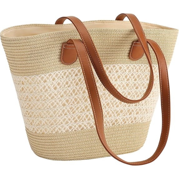 Pleneal Straw Bag For Women, Summer Straw Beach Handbags Large Shoulder Purses Woven Tote Bag,Beige Lace Stripe