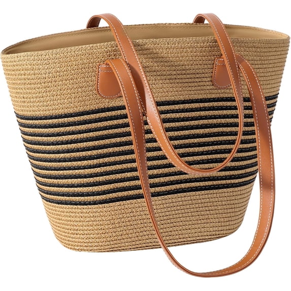 Pleneal Straw Bag For Women, Summer Straw Beach Handbags Large Shoulder Purses Woven Tote Bag,Black Stripes