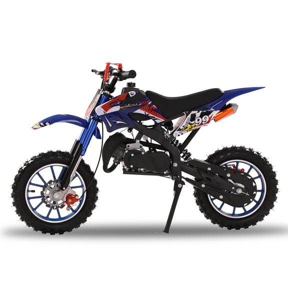 Plenkra 49cc 2-Stroke Gas Dirt Bike, Kids Off Road Mini Motorcycle with Inverted Hydraulic Shock Absorption, Dual Disc Brakes, 40KM/H Max Speed, 10 Inch Inflatable Tires (Blue)