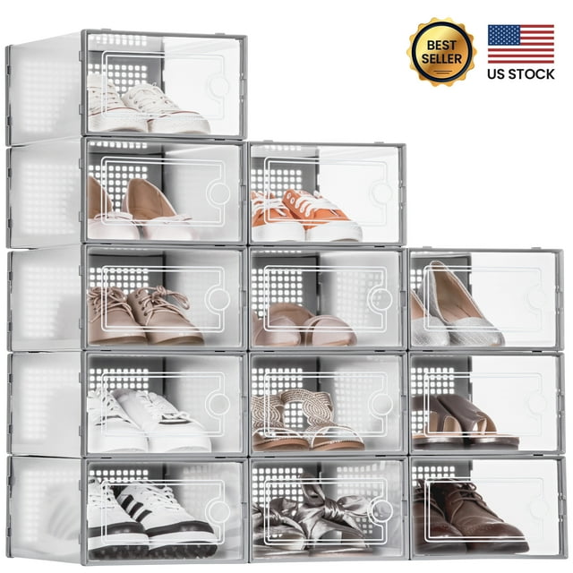 Plentio Shoe Boxes Clear Plastic Stackable, 12 Pack Shoe Storage, 13” x 9” x 5.5” Shoe Organizer for Closets, Easy to Assemble, Sturdy, Front Opening, Clear Shoe Containers(GY)