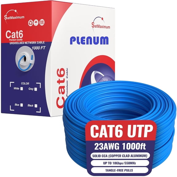 Cables Direct Online 1000FT CAT6 Plenum CMP Solid UTP Cable 550MHz Ethernet LAN 23AWG CCA (Copper Clad Aluminum) Bulk Pull Box, Blue