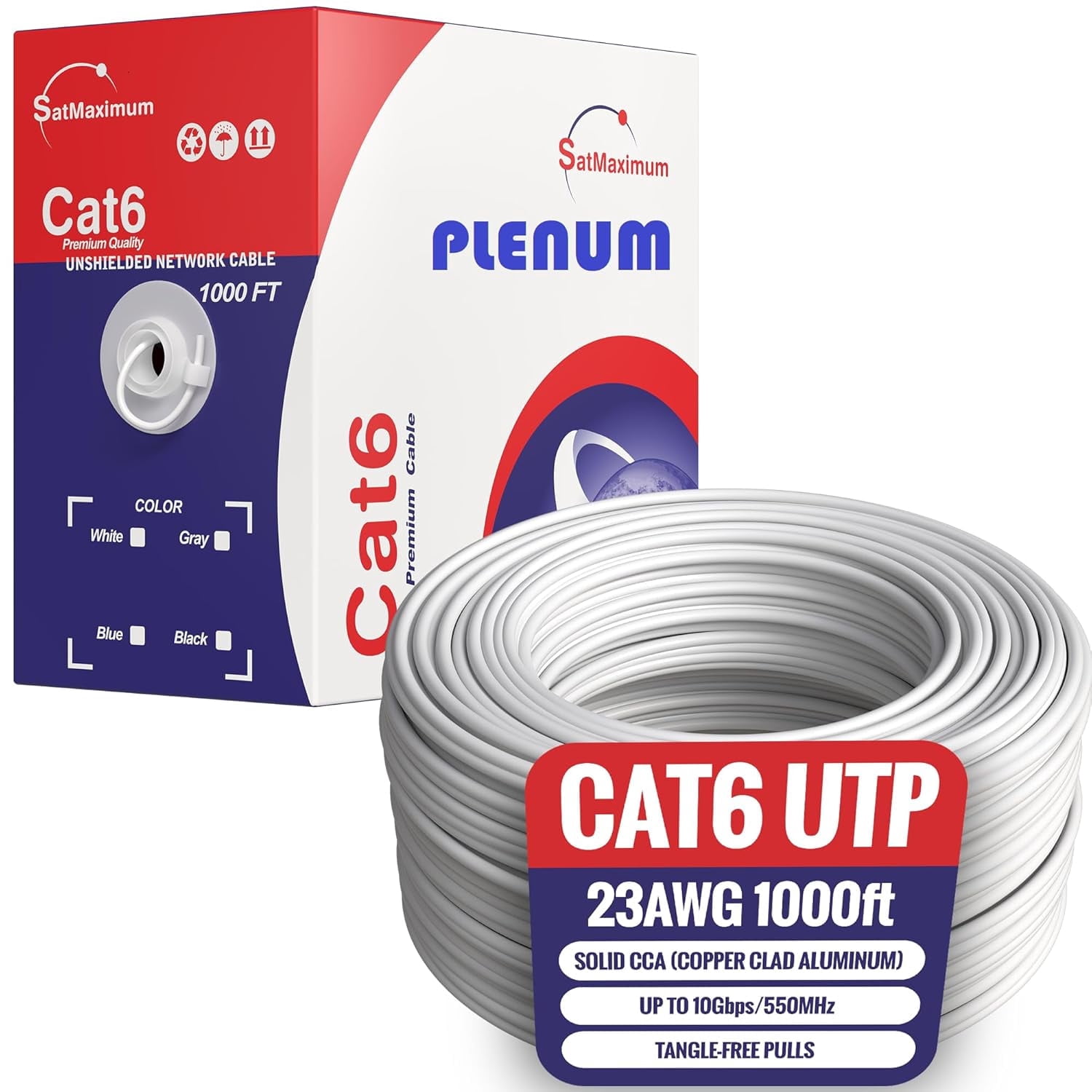 Cables Direct Online 1000FT CAT6 Plenum CMP Solid UTP Cable 550MHz Ethernet LAN 23AWG CCA (Copper Clad Aluminum) Bulk Pull Box, White