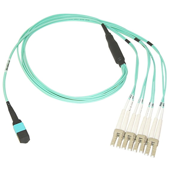Plenum Fiber Optic Cable, 40 Gigabit Ethernet QSFP 40GBase-SR4 to MTP(MPO)/LC (4 Duplex LC) 24 inch Breakout Cable, OM4, 50/125, 50 meter