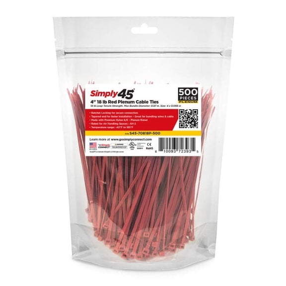 Plenum Red Air Handling Cable Ties, 18 lb, 4 inch, Nylon Cable Ties, 500 pcs/Bag