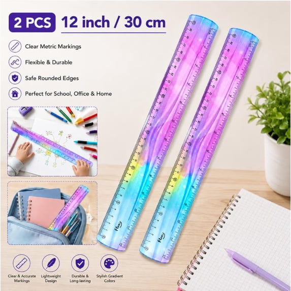 Plertrvy 2 Pack Flexible Ruler, 12 Inch Bendable Ruler with Inches and Centimeters, Shatterproof Soft Ruler for Home Office Supplies, Classroom Must Haves (30cm)