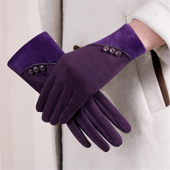 Plertrvy Chamois Leather Suede Gloves For Women Autumn And Winter Warm Plus Velvet Winter Riding Driving Korean Version Thickened Ladies Foreign Trade Gloves Purple A, Purple