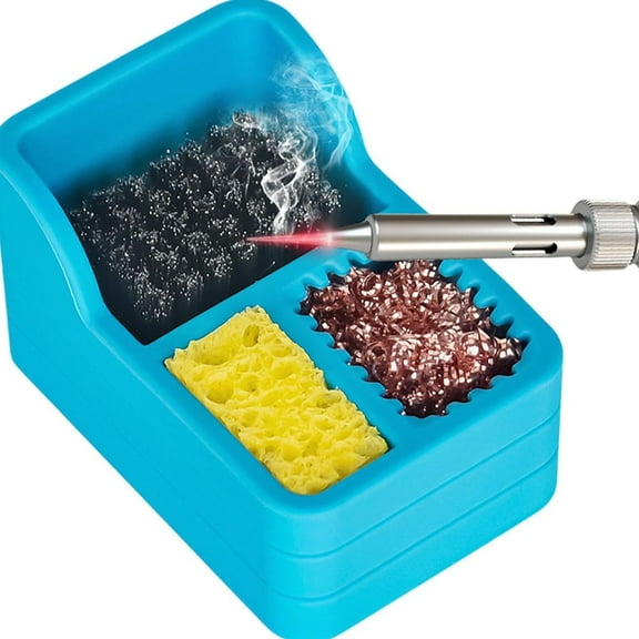 Plertrvy Clearance a Cleaner, Soldering Iron Tip Cleaner Blue, Solder Tip Cleaner Soldering Cleaner Solder Tip Cleaner Solder Sponge and Brass Wool and Dense Cleaning Brush in Silicone Holder, Blue