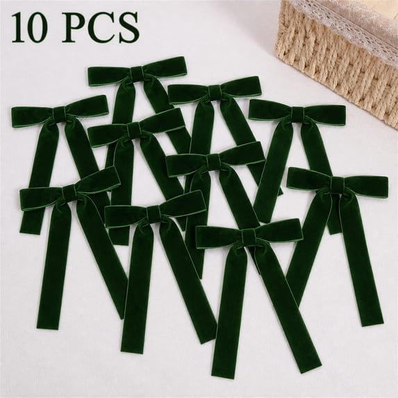 Plertrvy Clearance Dark Green Long Tail Velvet Bows for Christmas Tree, Classic Ribbon Ornaments for Wreath, Garland, Gift Wrapping and Holiday Decorations (10pc)