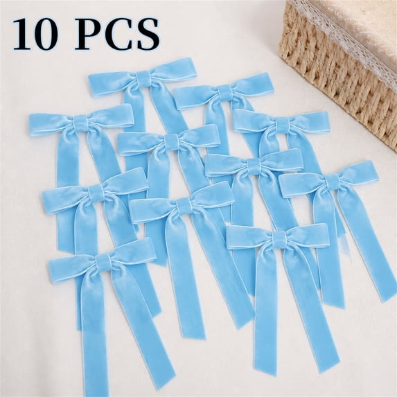 Plertrvy Clearance Light Blue Long Tail Velvet Bows for Christmas Tree, Ribbon Ornaments for Wreath, Garland, Winter Wedding, Gifts and Holiday Decorations (10pc)