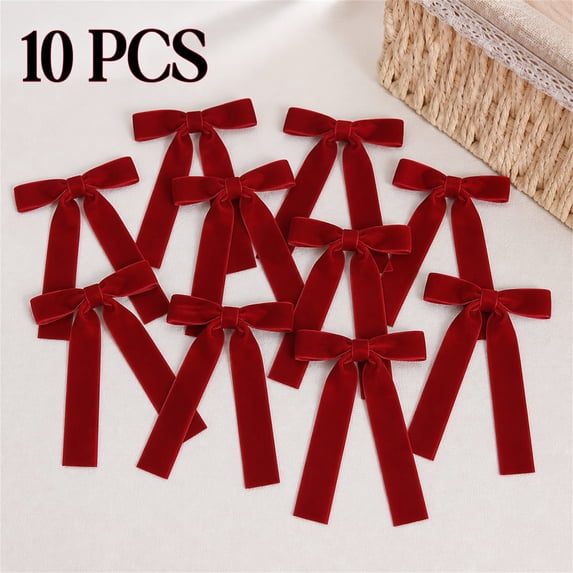 Plertrvy Clearance Red Long Tail Velvet Bows for Christmas Tree, Elegant Ribbon Ornaments for Wreath, Garland, Staircase, Gift Wrapping and Holiday Decorations (10pc)
