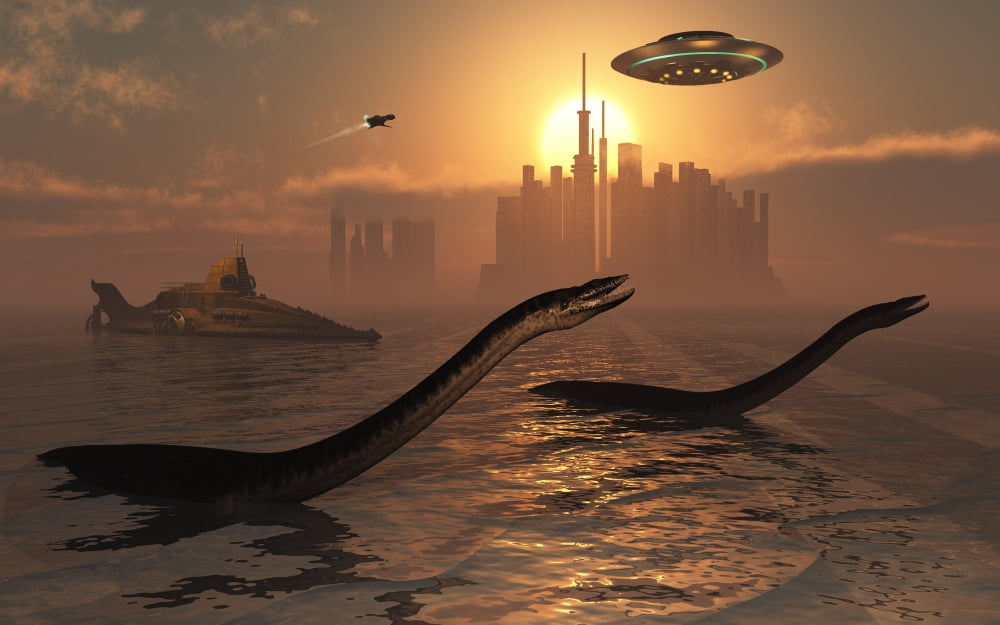Plesiosaurs co-existing alongside the ancient civilization of Atlantis Canvas Art - Mark StevensonStocktrek Images (36 x 23)