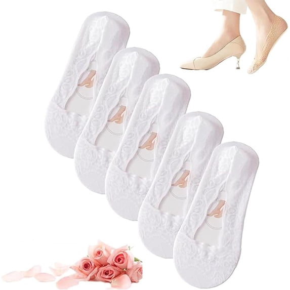 Pleteffect Socks, Lace No Show Liner Socks for Women, 5 Pairs Casual Lace Low Cut Liner Boat Non-Slip S-ocks(5* White)