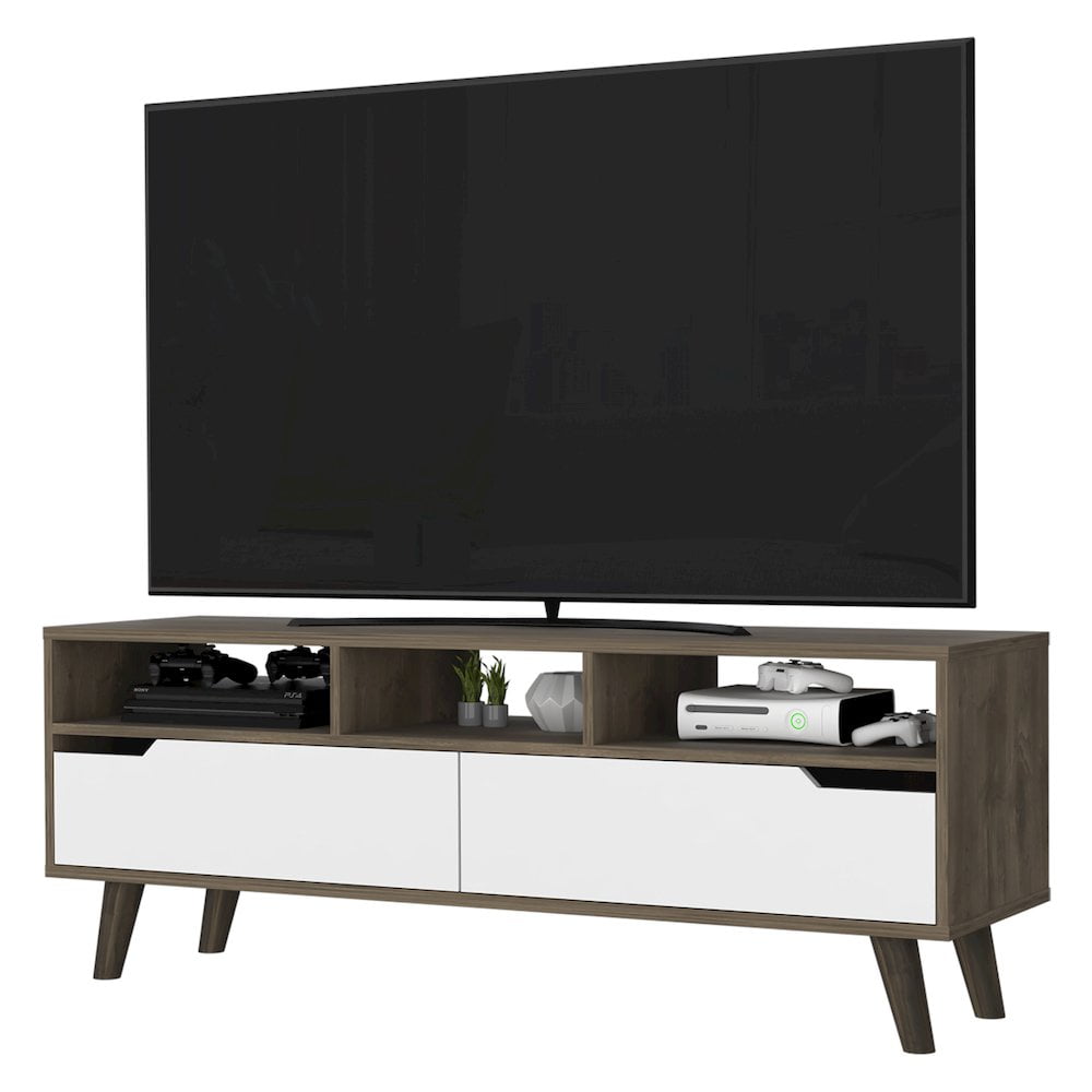 Modern Dark Walnut and White TV Stand with Cabinet and Shelves