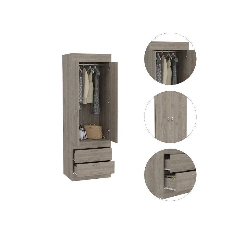 Plethoria Light Gray 2-Drawer Armoire with Hanging Bar