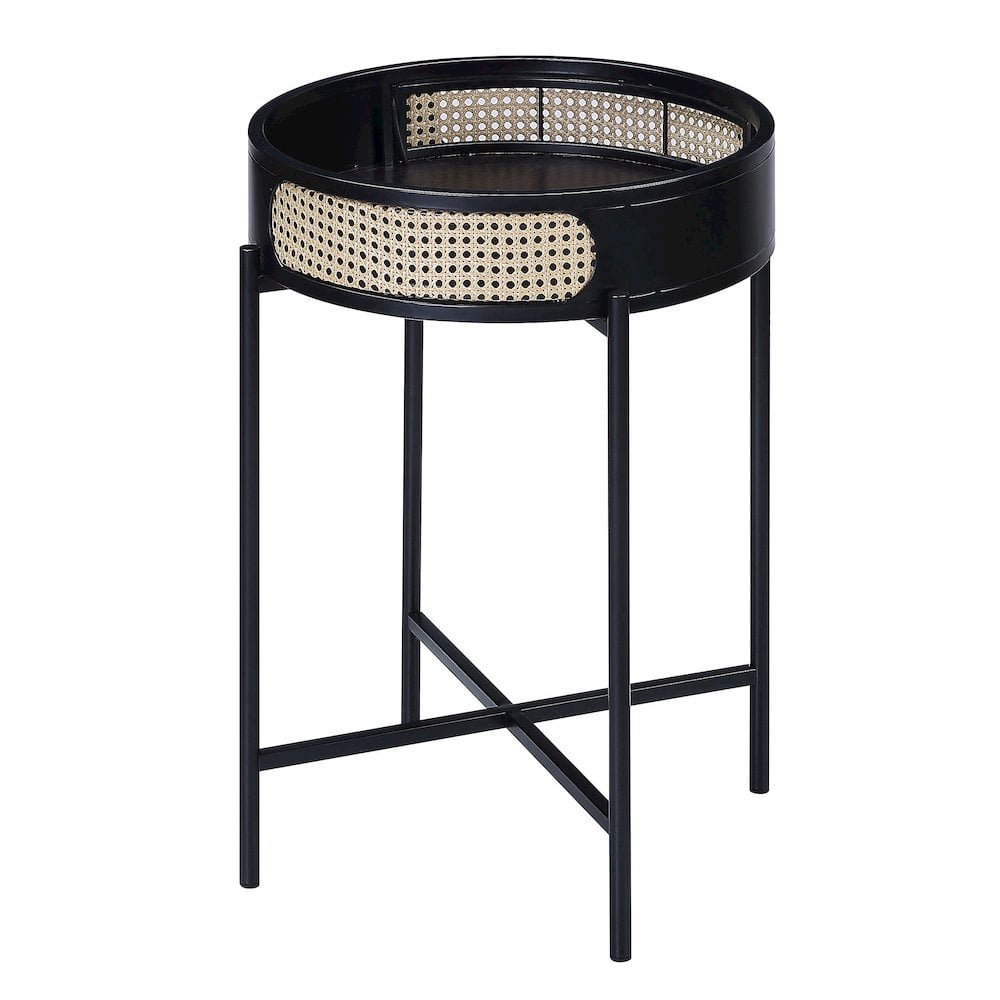 Black Round End Table with Rattan Tray Top