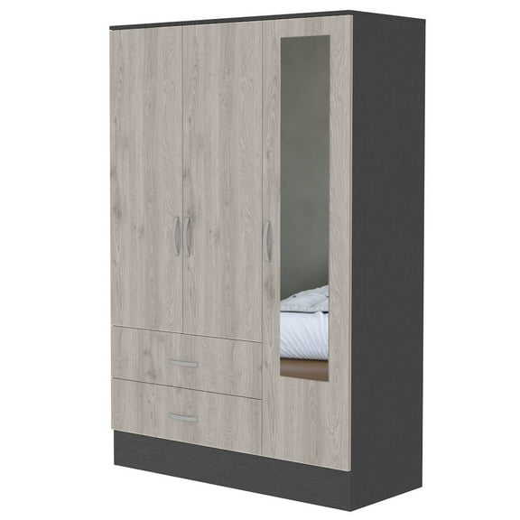 Plethoria Home Black Rock 2-Drawer Small Armoire with Mirror Door Black Wengue and Light Gray