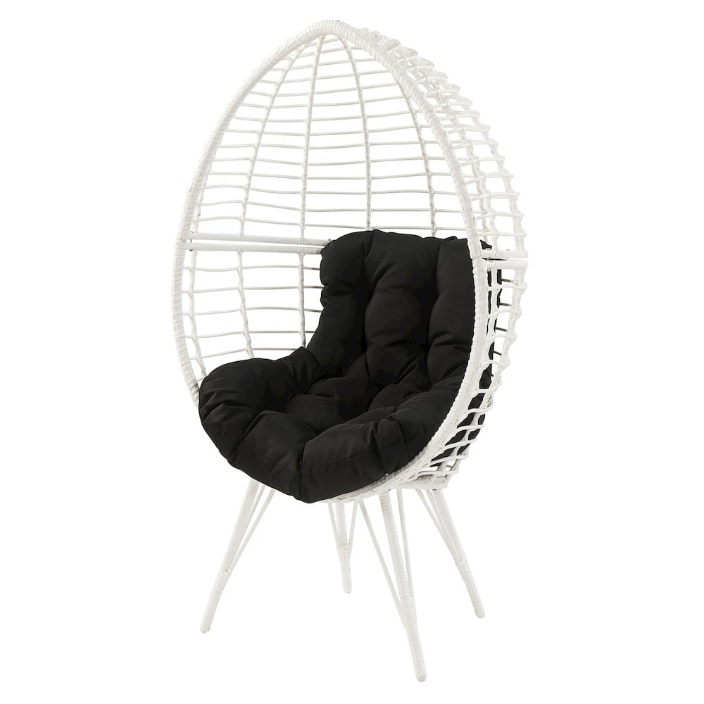 White Wicker Teardrop Patio Chair with Black Cushion