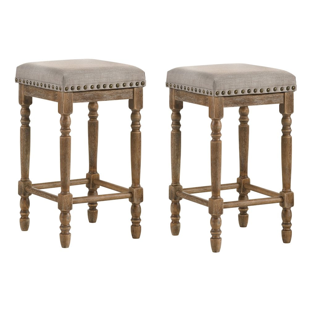 Rustic Weathered Oak Backless Counter Height Stool with Beige Upholstery