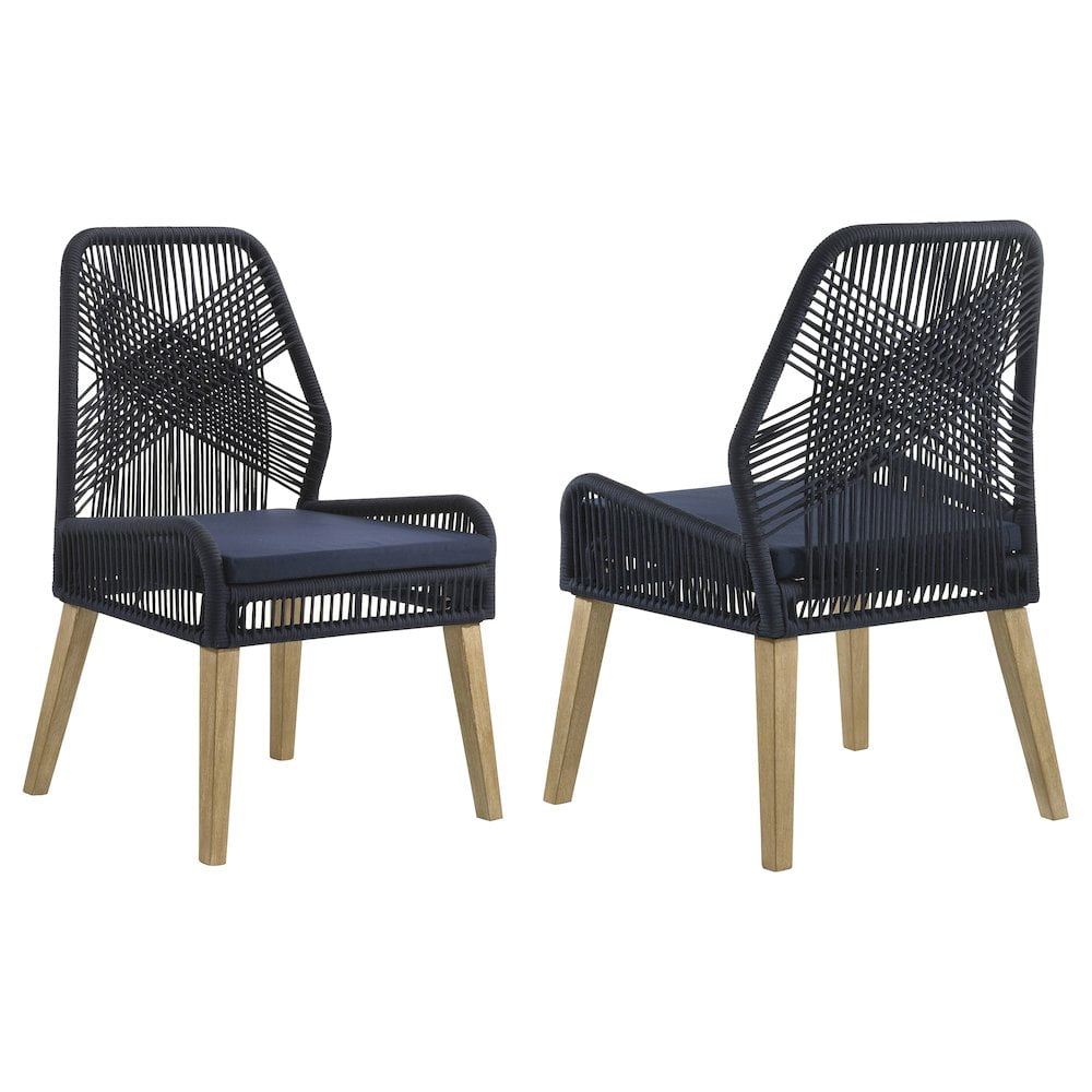 Navy Blue Woven Rope Upholstered Side Chair with Mahogany Legs