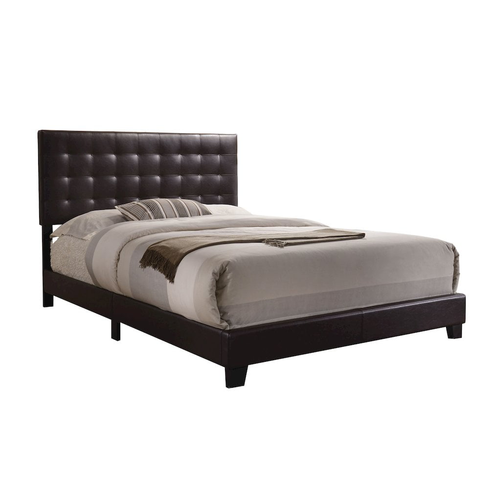 Espresso Faux Leather Tufted Queen Bed with Wood Frame