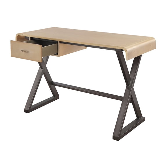 Plethoria Home Gold Aluminum and Grey Writing Desk with X Shape Metal Base