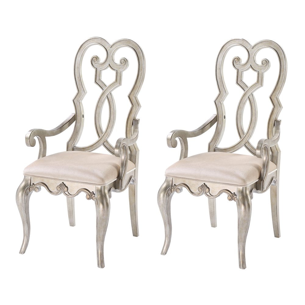 Ivory Velvet Upholstered Arm Chair with Antique Champagne Wood Frame