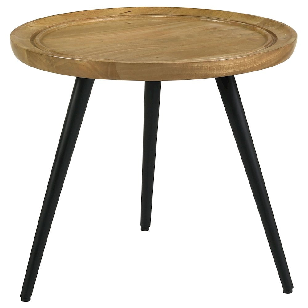Contemporary Boho Round End Table with Trio Legs, Natural Wood & Black Metal