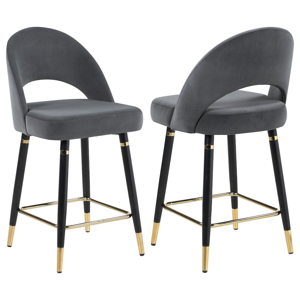 Gray Velvet Upholstered Arched Back Counter Stools with Gold Accents