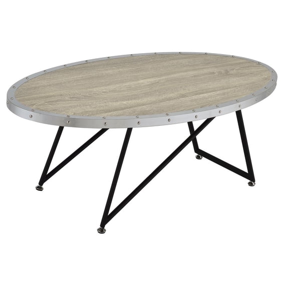 Plethoria Home Weathered Grey Oak and Black Oval Coffee Table