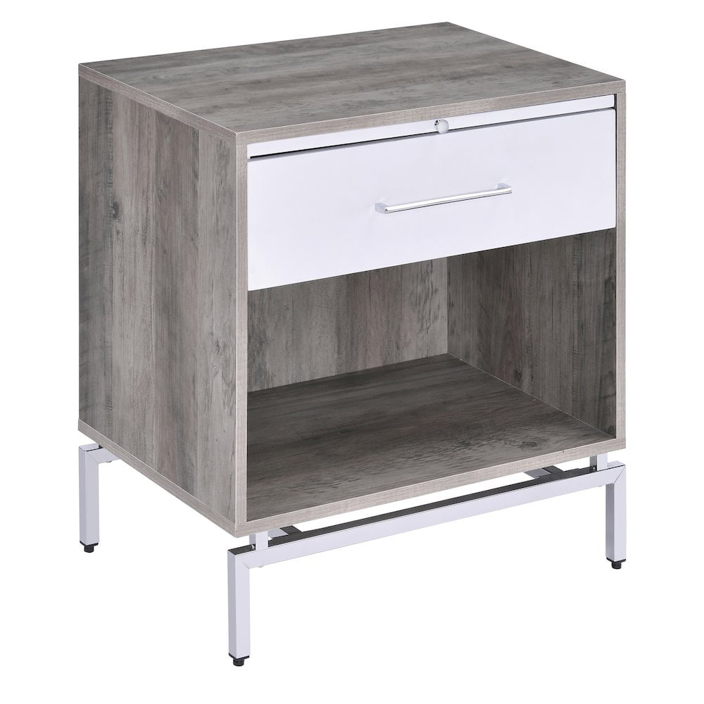 Weathered Gray Oak & White Metal Accent Table with Storage
