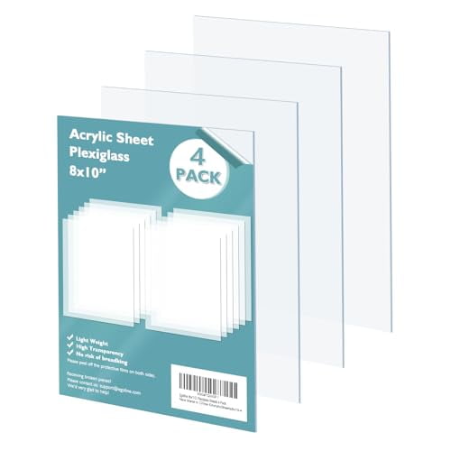 Plexiglass Sheets Acrylic Sheets 4 Pack of 8x10’’ 0.04 Thick Clear Plastic Cast Transparent Plexi Glass for Crafting Projects, Replacement Picture Frame Glass, DIY Display, Easy to Cut