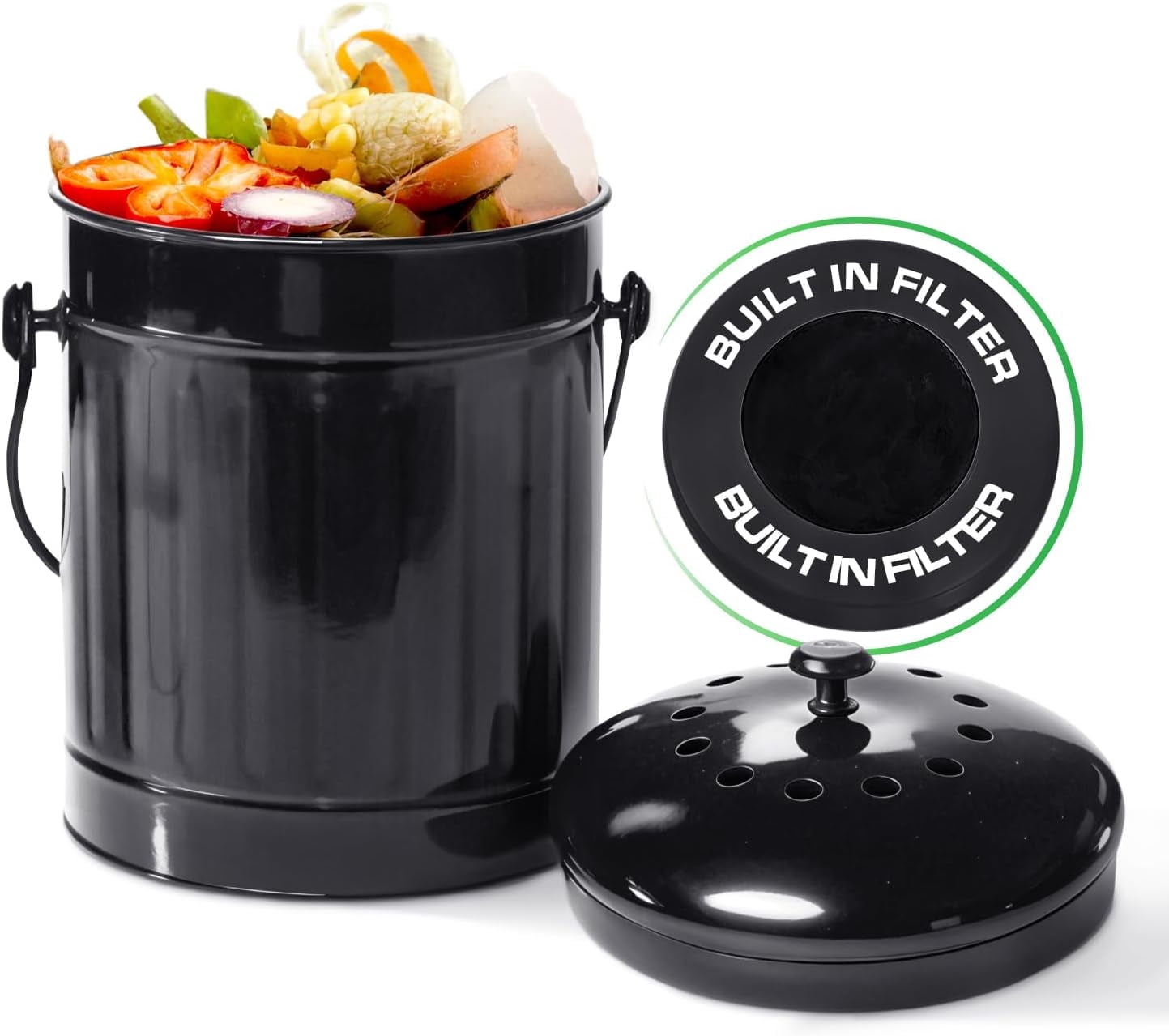 Plexon Countertop Compost Bin with Lid, Black 1.5 Gallon Odorless ...