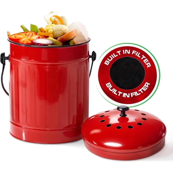 Plexon Countertop Compost Bin with Lid, Red 1.5 Gallon Odorless Kitchen Compost Container, Steel Food Compost Bucket for Kitchen with Charcoal Filter, Compost Pail for Kitchen Countertop