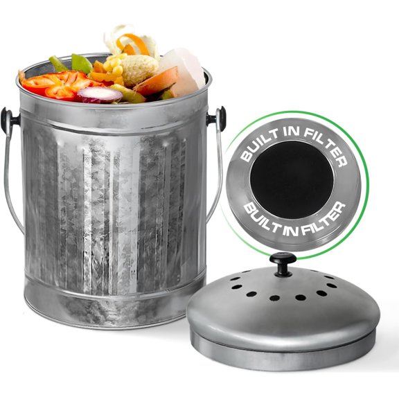 Plexon Countertop Compost Bin with Lid, Silver 1.5 Gallon Odorless Kitchen Compost Container, Steel Food Compost Bucket for Kitchen with Charcoal Filter, Compost Pail for Kitchen Countertop