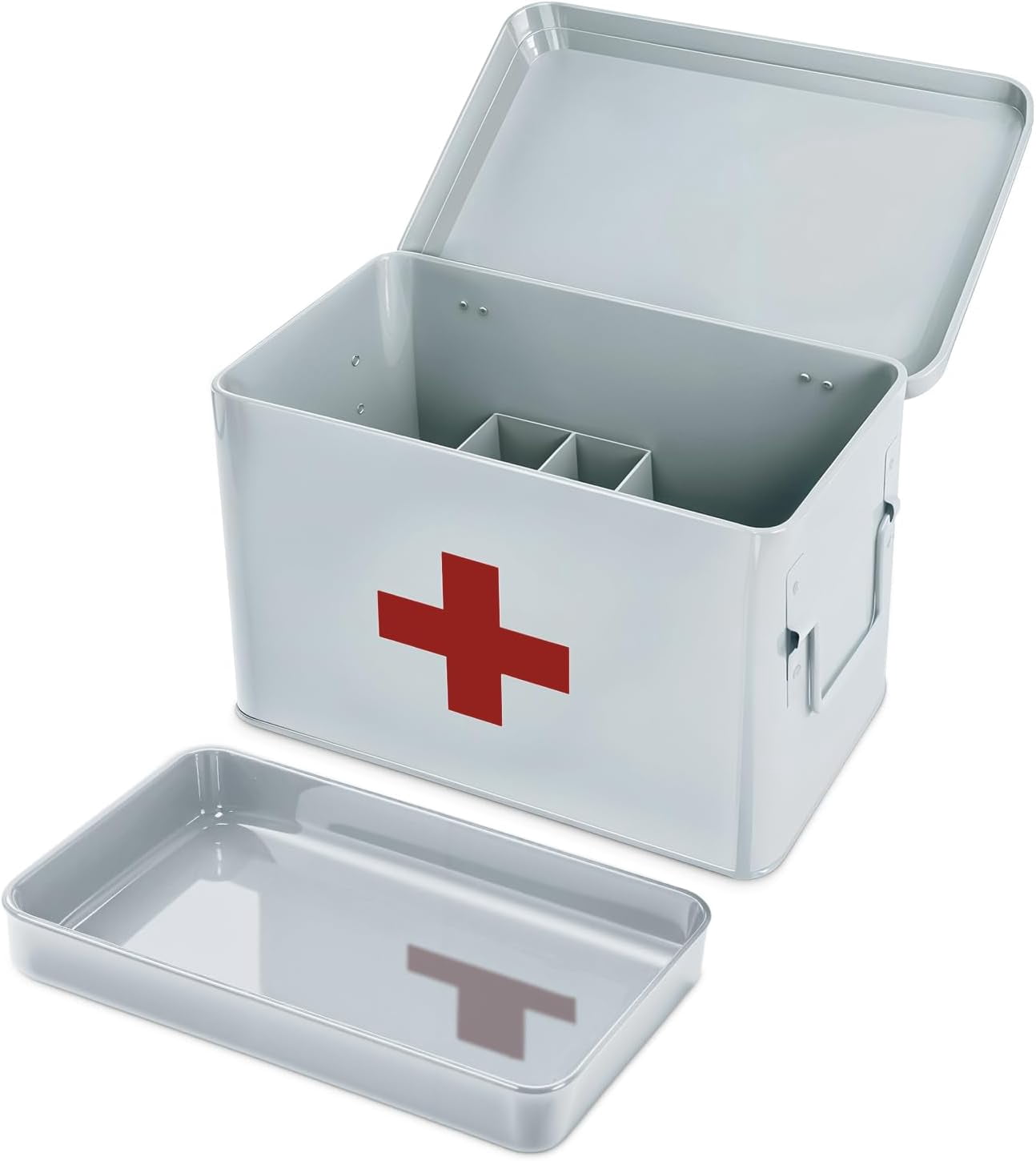 Plexon First Aid Kit, First Aid Supplies Bin, 8.5" Metal Medicine Storage Tin with Lid, First Aid Box Organizer, White