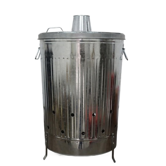 Plexon Incinerator Burn Barrel for Outside for Burning Trash Leaf - Metal Burn Can Cage Bin Container - Fire Can Paper Burner Outdoor, Chimney Lid and Ventilation Holes, Galvanized Steel, 31 Gallon